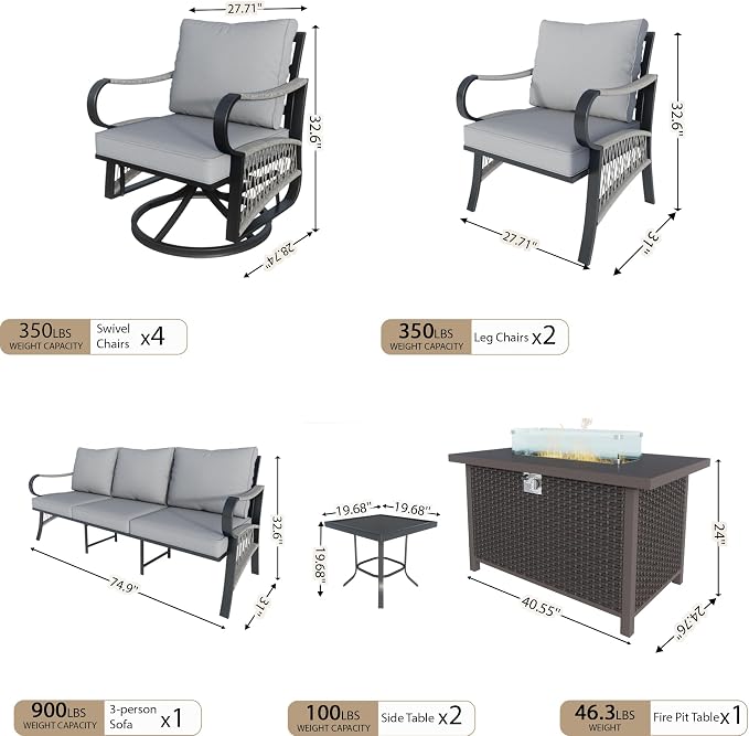 10 Pieces Patio Furniture Set, Metal Outdoor Conversation Sets with Fire Pit Table and Swivel Chairs for Backyard Garden Deck Porch Poolside (Thick Gray Cushions)