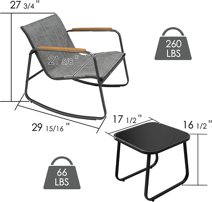 Kozyard 3-Piece Rocking Chair Set, Outdoor Rocking Textilene Bistro Set with Wooden Armrests, Outdoor Conversation Set with Glass Table for Lawn, Porch, Yard, Garden, Balcony, Poolside, Gray