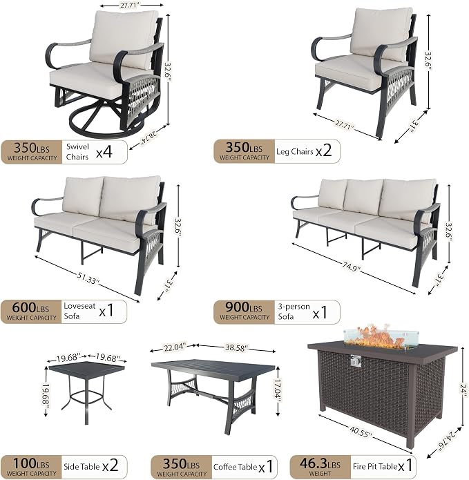 12 Pieces Patio Furniture Set, Metal Outdoor Conversation Sets with Fire Pit Table and Swivel Chairs for Backyard Garden Deck Porch Poolside (Thick Beige Cushions)