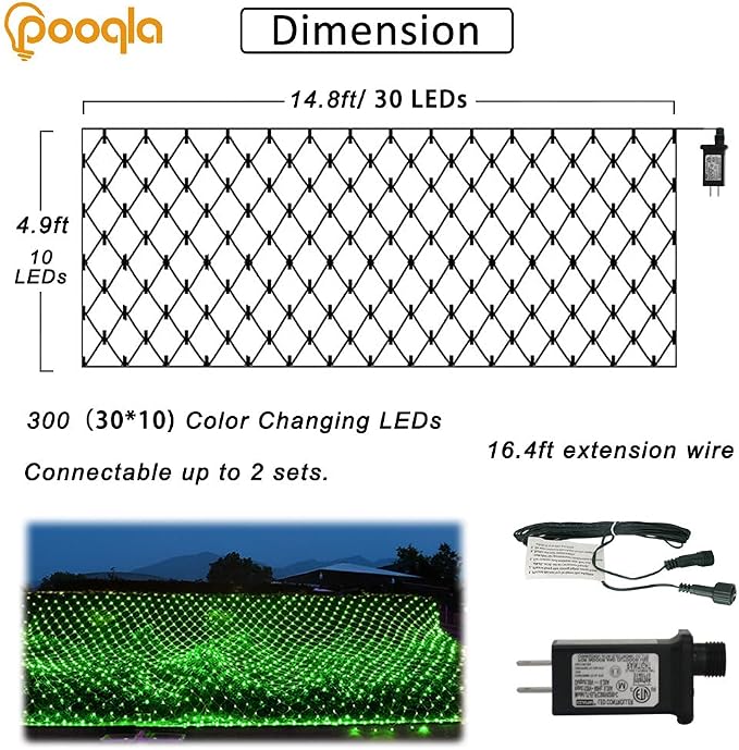 14.8x4.9 ft Net Lights, 300 LED Outdoor Green Halloween Lights with 8 Lighting Modes, Connectable Waterproof Mesh String Fairy Light for Bushes Tree Garden Christmas Decor | 300 LED Large Net Mesh Lights Plug in, 8 Modes Waterproof Connectable Bushes L...