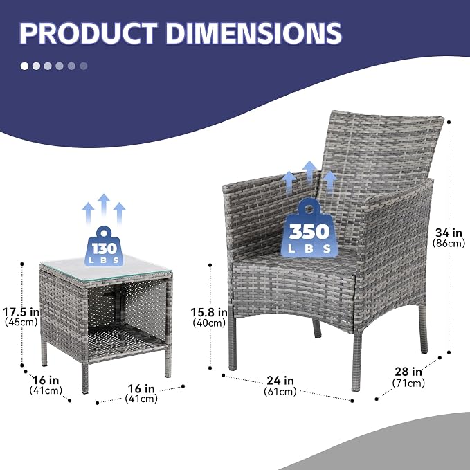 3 Pieces Patio Furniture Sets Outdoor PE Rattan Small Patio Furniture Set with Soft Cushion and Glass Coffee Table with Storage for Garden Backyard Porch Poolside WeatherResistantGrey/Darkblue