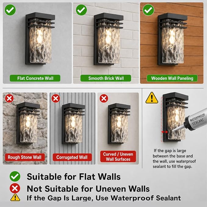Modern Outdoor Wall Light Exterior Sconce with Dusk to Dawn | Black,Water Seeded Glass,Open Bottom,Outside Porch Lighting Fixture,E26