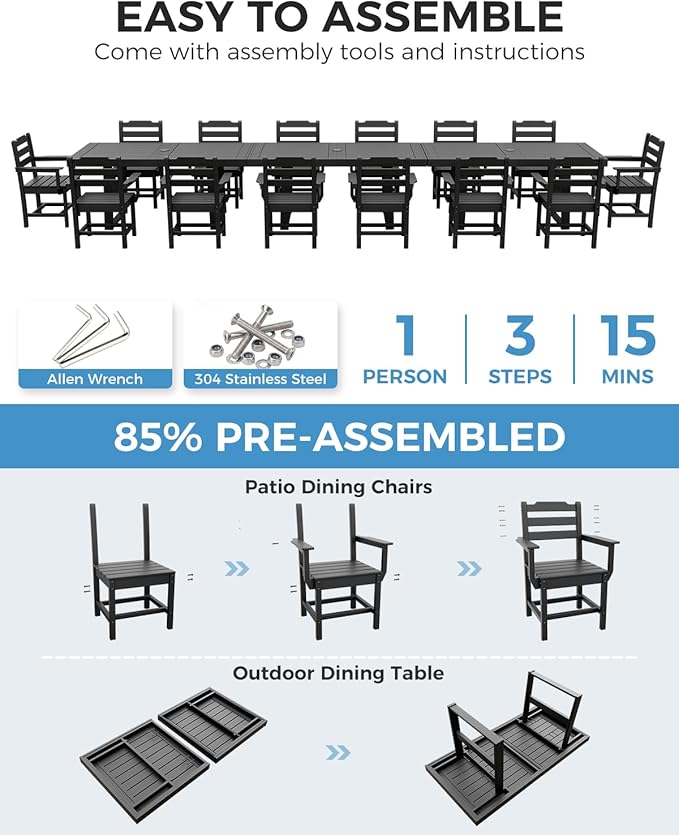 K Knowbody 17-Piece Outdoor Patio Dining Table and Chairs Set, Seats 14 | Steel-Reinforced HDPE, 100 lb/sq ft Load Capacity, 2-Inch Umbrella-Ready Tables, All-Weather, Fade-Resistant, Charcoal Black