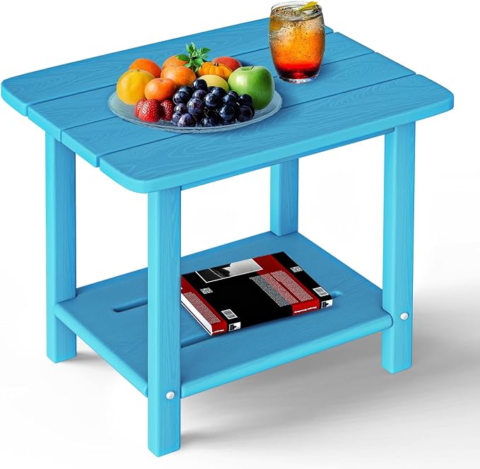 nevilywood Adirondack 2-Tier Outdoor Side Table, HDPE Weatherproof Patio End Table with Wood-Grain Finish, 250lbs Heavy Duty Small Accent Table for Balcony Backyard Poolside,Light Blue