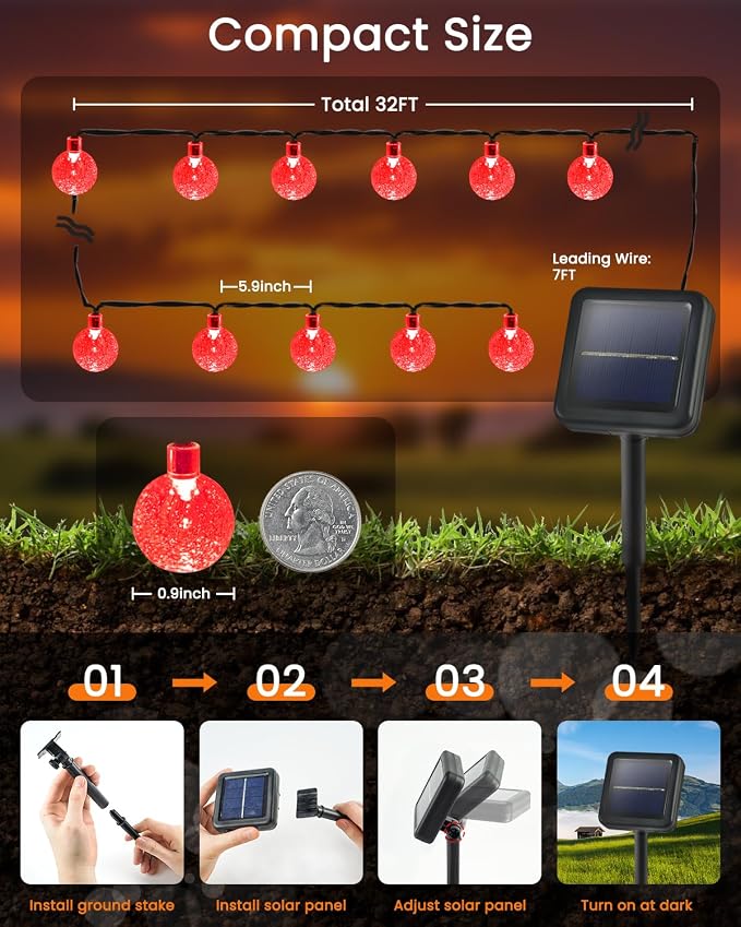 LORRYTE Solar String Lights Outdoor 2 Pack 64FT 100 LED Red Patio Lights | Crystal Globe, IP65 Waterproof, Auto On/Off, 8 Modes Solar Powered Light for Outside Halloween Party Garden Yard Decorations