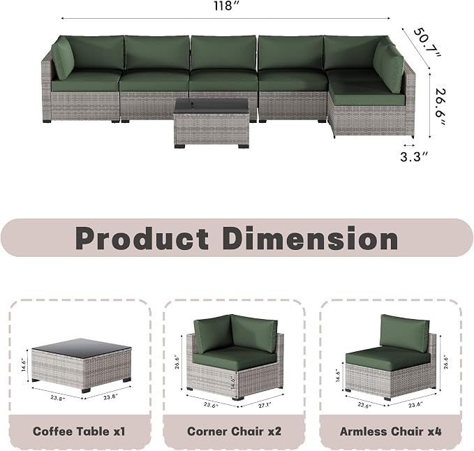 Patio Furniture Set 7 Pieces Conversation Set Wicker Outdoor Sectional Sofa,Ergonomic Armrests Couch with Cushion and Glass Table (Grey White-Green, 7 Piece-Single)