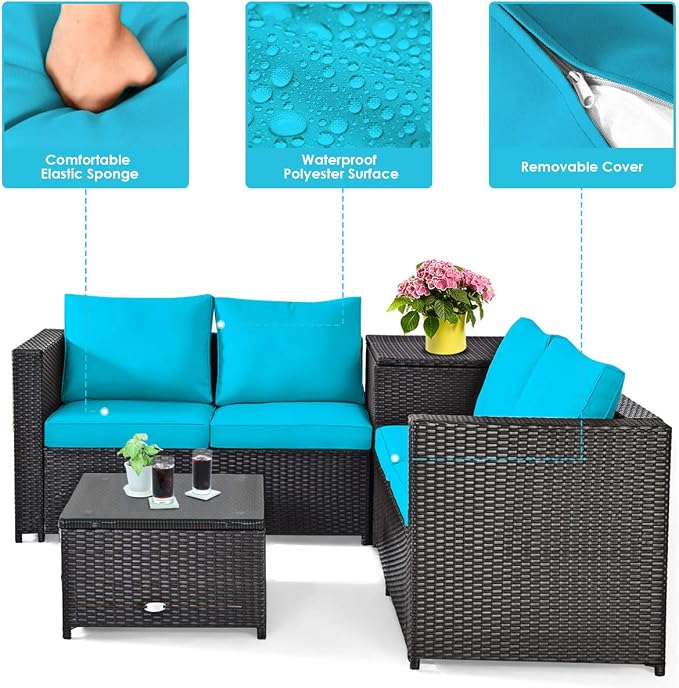 HAPPYGRILL 4-Piece Rattan Wicker Conversation Set Outdoor Patio Furniture Sofa Set with Storage Box & Tempered Glass Coffee Table for Backyard Garden Porch