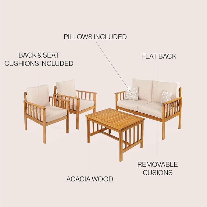 JONATHAN Y Everly 4-Piece Acacia Wood Outdoor Conversation Set, Modern Patio Seating with Loveseat, Coffee Table and Beige Cushions for Backyard, Porch and Garden, Teak Brown LVG1201B-4SET