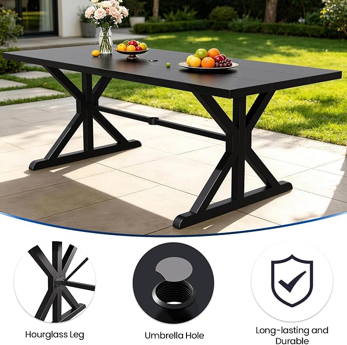 Kullavik 9 Pieces Outdoor Dining Set,Patio Dining Table and Chairs Set for 8,Fence Pattern Back Chairs with Thickened Cushions & X-Frame Metal Dining Table with Umbrella Hole for Patio,Sand