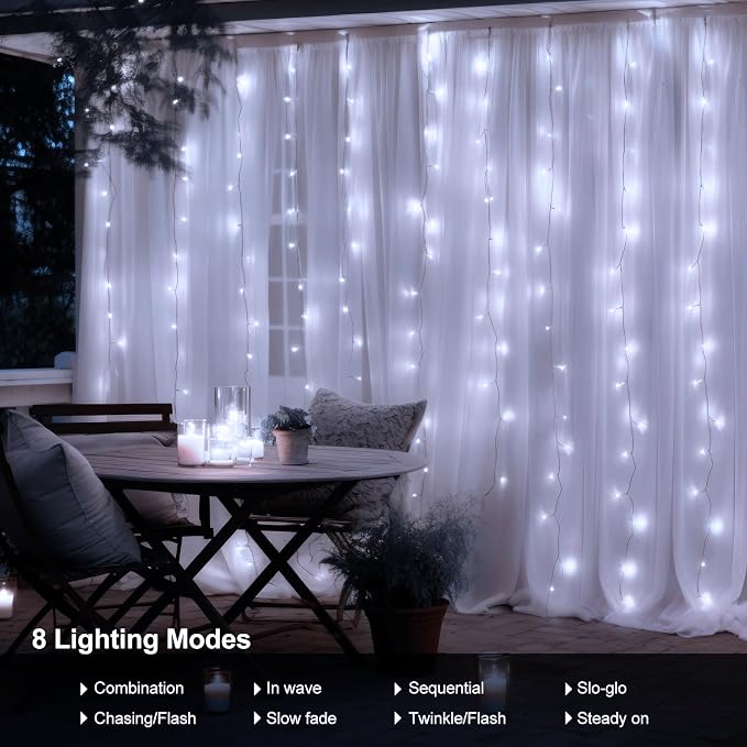 echosari 9.8Ft×9.8ft Curtain Lights Battery Operated with Remote Cool White | 300 LED Hanging Light Timer Fairy Curtain Lights for Bedroom Patio Wedding Backdrop Party Decór