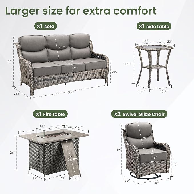 Luxury Patio Furniture Set with 6-inch Thick Cushion, Outdoor Furniture with Fire Pit Table, Swivel Chairs, Side Table, Sofa, 5pcs Wicker Conversation Set for Deck Yard(Grey Wicker/Grey Cushion)