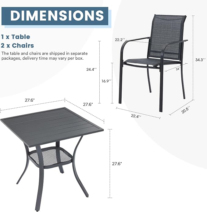 DIFY 3-Piece Outdoor Patio Bistro Dining Set, Grey Small Square Dining Table & 2 Grey Stackable Metal Chairs with Breathable Fabric, Outdoor Furniture Set for Balcony, Porch, and Deck