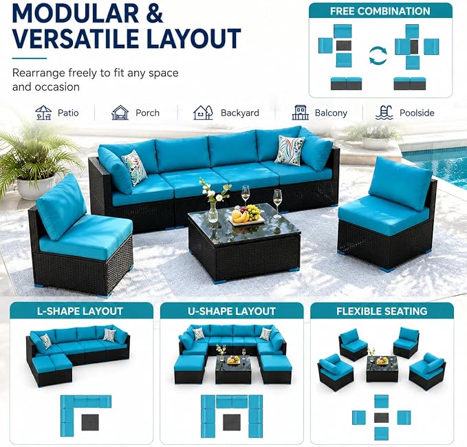 7 Piece Outdoor Sectional Outdoor Patio Furniture Set, Outdoor Patio Furniture Set with Coffee Table, Sectional Couch Sofa with Cushions, Wicker Outdoor Conversation Set for Backyard & Garden, Blue