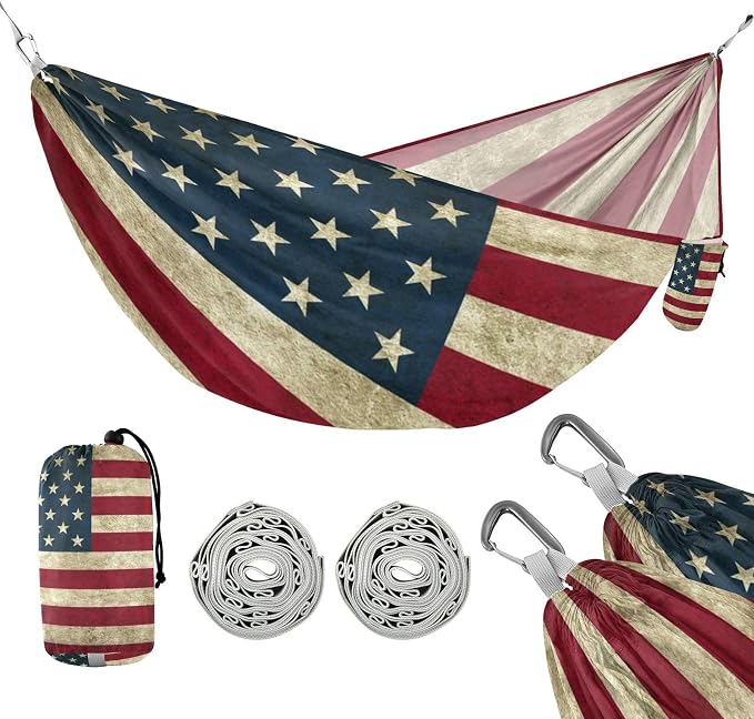 American Flag Camping Hammock, Portable Lightweight Single Hammock with Tree Straps and Aluminum Carabiners, 114" x 54" Travel Hammock for Hiking Backpacking Beach