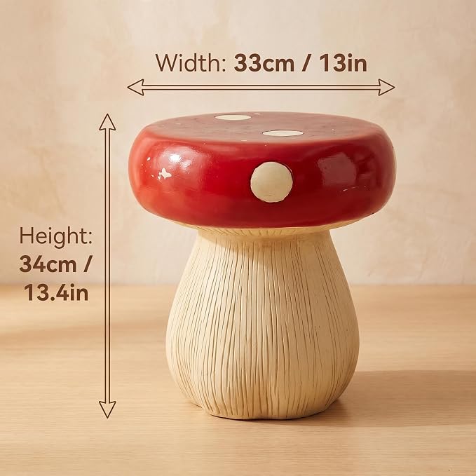 Large Mushroom Statue Stool – 13.4" Resin Garden Sculpture with Forest Base, Red Art Deco Outdoor Decor for Lawn Patio Courtyard, Weatherproof Decorative Stool, Unique Garden Gift