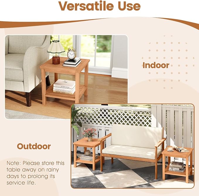 Tangkula Outdoor Side Table, 2-Tier Acacia Wood Square End Table with Slatted Tabletop & Storage Shelf, Indoor Outdoor Wooden Accent Bistro Patio Table for Backyard, Poolside, Garden, Natural (2)