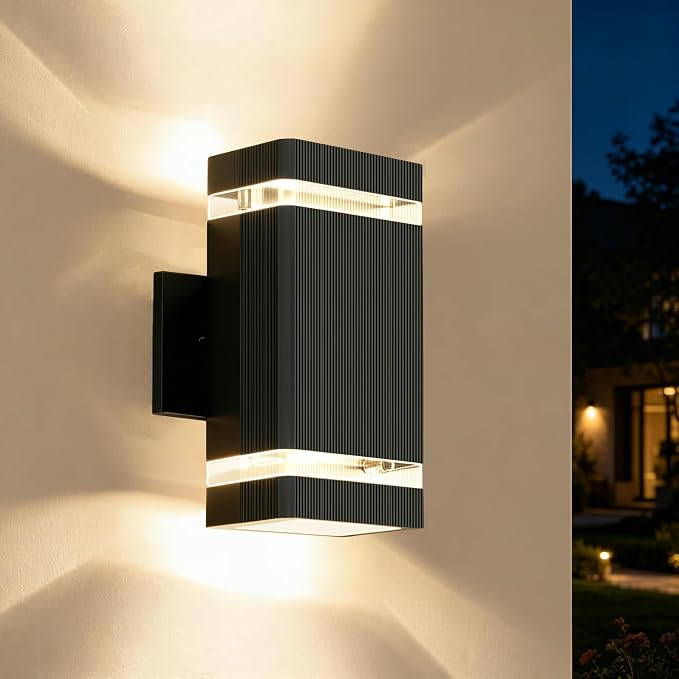 JYV Outdoor Wall Lights, Square Up and Down LED Porch Lights, Black | Waterproof Exterior Lighting Fixtures, 2x7W 3000K Bulbs, Outdoor Lights for House Porch Garage Patio