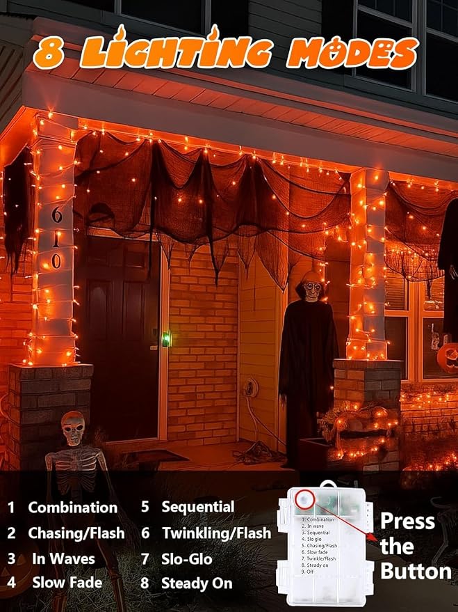 2 Pack 200 LED Battery Operated Halloween Lights, String Lights 8 Modes | 66FT Orange Twinkle Lights with Auto Timer, Battery Fairy Lights Waterproof for Indoor Outdoor Party Bedroom Porch Decor