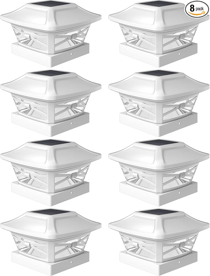 Davinci Renaissance Solar Outdoor Post Cap Lights, 4x4 5x5 6x6, Bright, 8PK | Pearl White, fence/deck/garden/patio posts, UV fade-protected plastic, auto-on, 7-8h runtime, cordless, IP44, 25lm warm white