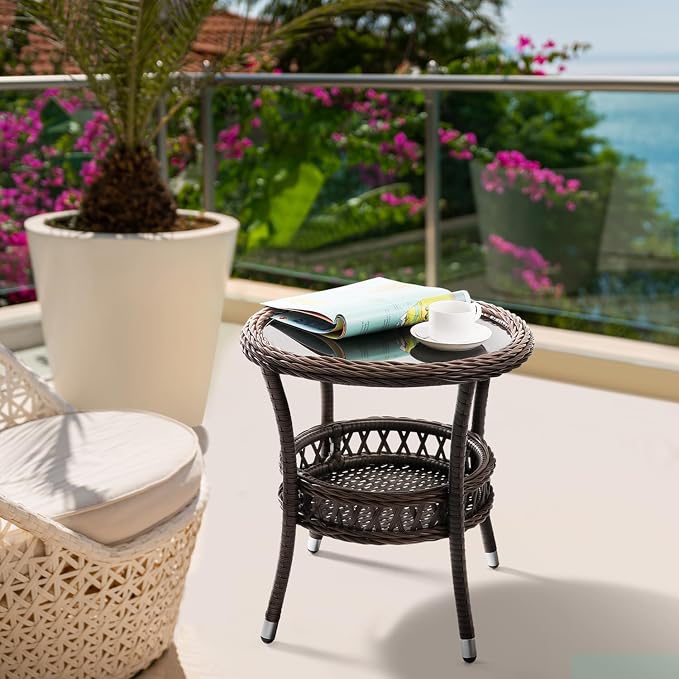 Outdoor Side Table Set of 2 Wicker End Table for Patio Rattan Side Table for Outside Brown Outdoor Patio Coffee Table with Storage & Glass Table Top Round for Backyard Porch