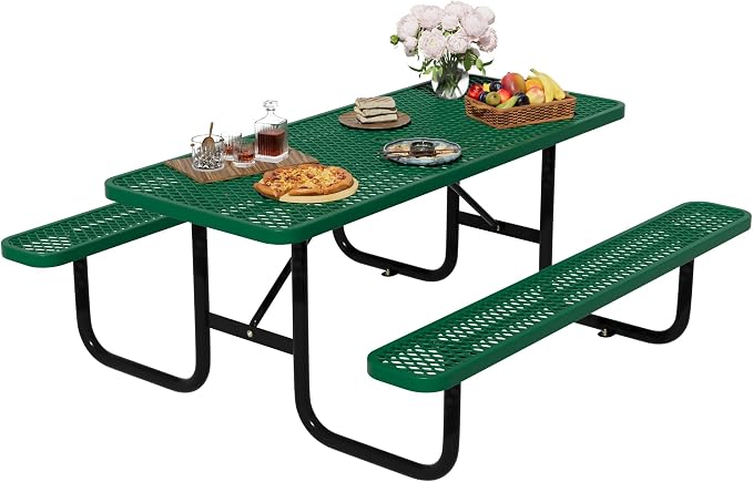 6FT Rectangular Steel Outdoor Picnic Table, Commercial Picnic Table Bench Set with Umbrella Hole, Weather-Resistant Heavy Duty School Dining Table for Stores, Park, Patio, Garden, Backyard, Green