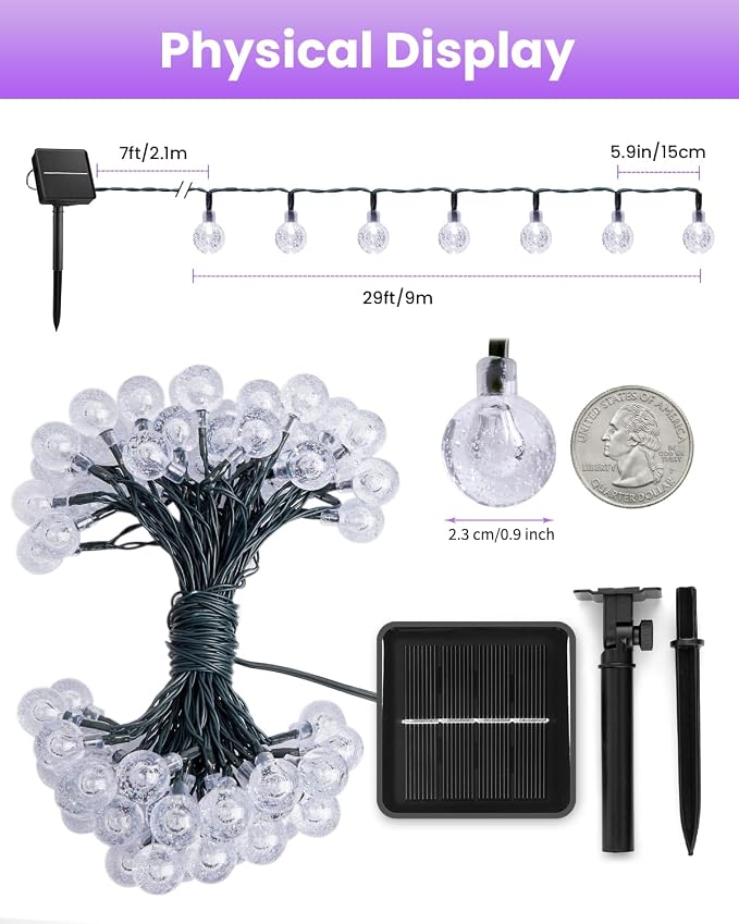 Brightown Purple Solar Halloween Lights - 60 Led 36 Feet Crystal Globe String Lights with 8 Modes, Waterproof for Outdoor Garden Yard Porch Decor