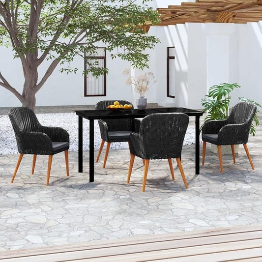 5 Piece Patio Dining Set with Cushions Black Outdoor Rattan Table and Chairs for Garden Deck Backyard Porch Dining Relaxing, Powder-Coated Steel Frame Tempered Glass Top