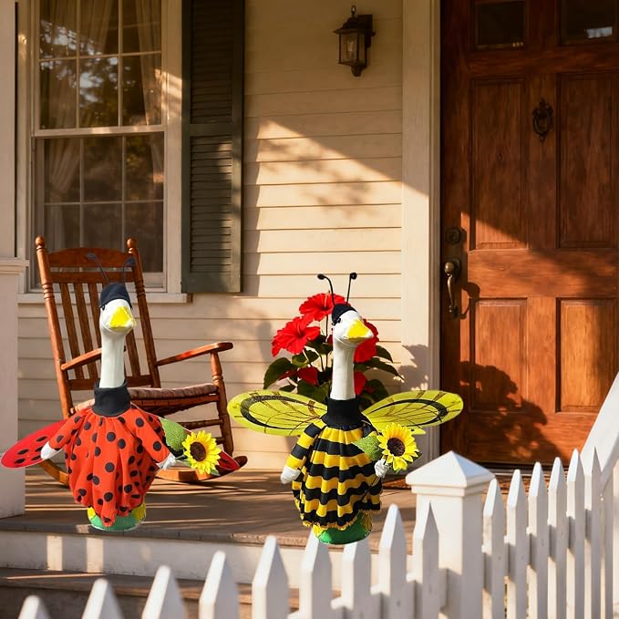 Spring Porch Goose Outfit for 20-23 Inch Concrete Goose Clothes, Bee Porch Goose Costume Funny Cement Plastic Goose Statue for Outdoor Garden Yard Patio Art Decor（Bees and Ladybugs are Optional）