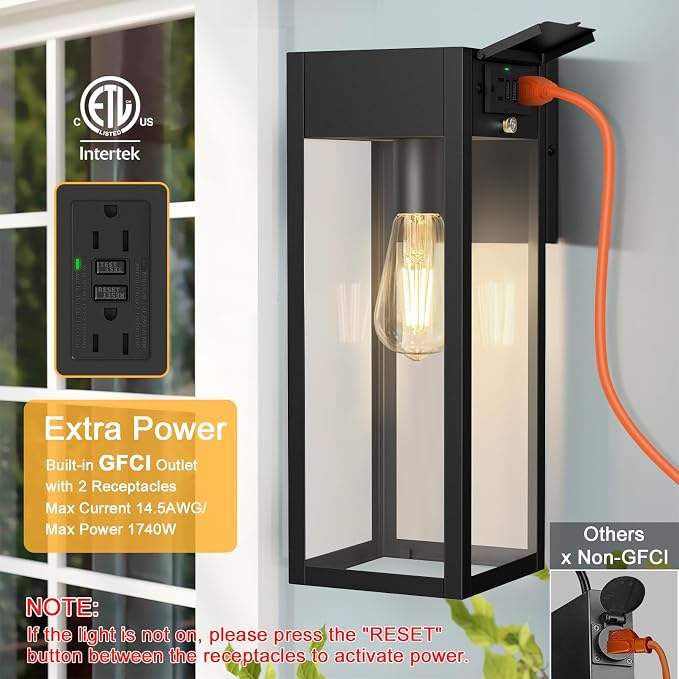 Large Porch Light with GFCI Outlet, 15 Inch Outdoor Light with Outlet Built-in, Waterproof Exterior Light Fixtures Wall Mount, Outside Lights for House Front Door Garage