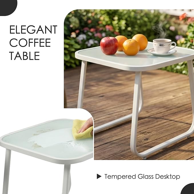 Kozyard 3-Piece Rocking Chair Set, Outdoor Rocking Textilene Bistro Set with Wooden Armrests, Outdoor Conversation Set with Glass Table for Lawn, Porch, Yard, Garden, Balcony, Poolside, White