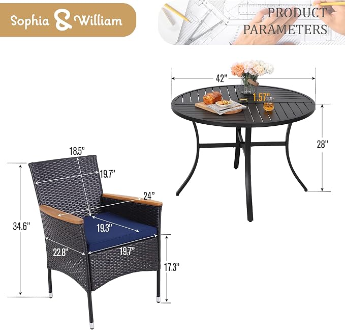 Sophia & William 5 Pieces Round Patio Dining Set for 4 People, 42" Dia Round Outdoor Table with Umbrella Hole, All Weather Patio Table and Wicker Chairs Set for Outside