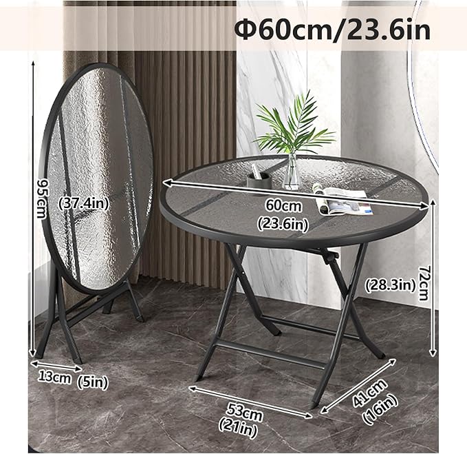 Folding Glass Outdoor Side Table, Patio Coffee Table, Weather Resistant Outdoor Round End Table, Portable Indoor Outdoor Glass Table, Modern Round Folding Dining Table, Space Saving Dining Table