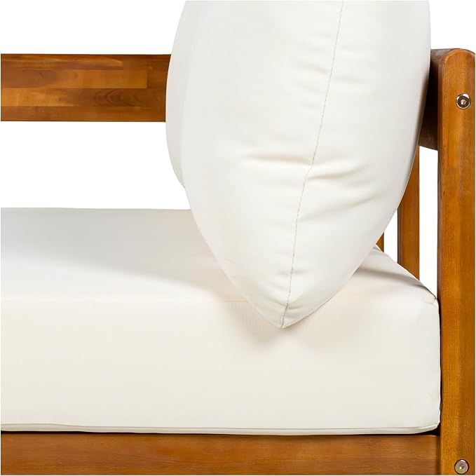 Acacia Wood L-shaped Outdoor Corner Sofa, Patio Conversation Furniture Set With 6 Soft Seat Cushions and Backpack , All Weather Outdoor Patio Sofa with Arc frame for Backyard, Garden (White-3.20)