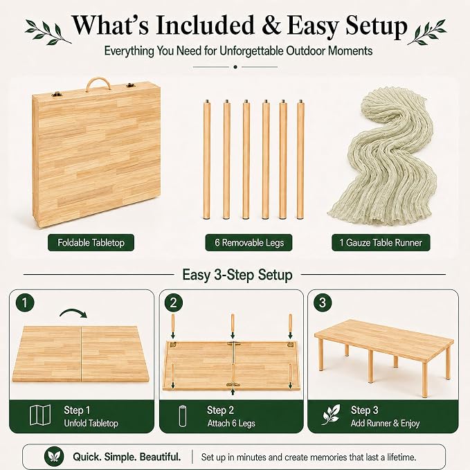 Folding Picnic Table with Table Runner, 60" x 30" Portable Boho Low Picnic Table for 6 Person, Large Wooden Floor Table for Camping, Beach, Garden, Party, Tool-Free Assembly, 165 lbs Capacity