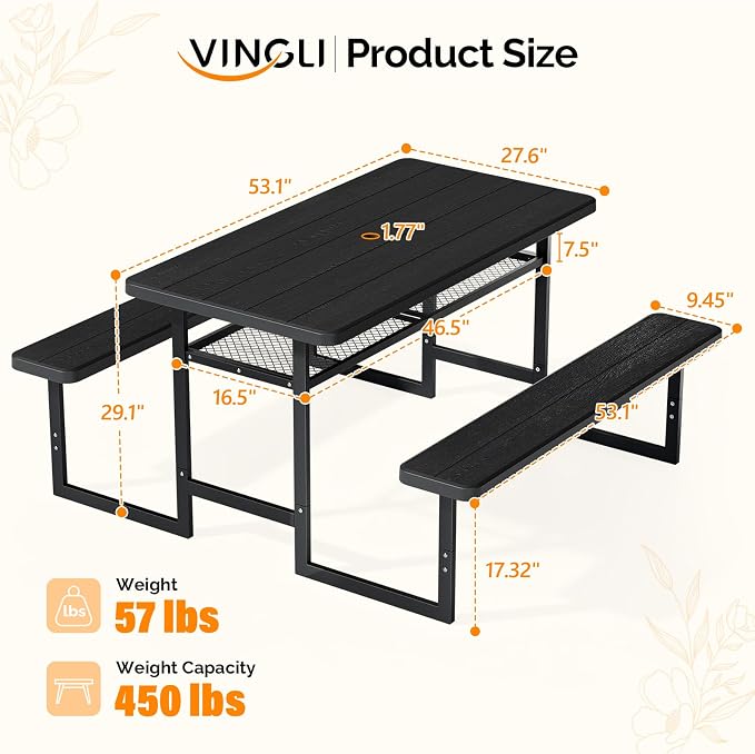 VINGLI Outdoor Picnic Table with Storage Shelf & Umbrella Hole, 4.5FT All Weather Metal Frame HDPE Tabletop Plastic Picnic Table for Dining Party Garden(Black)