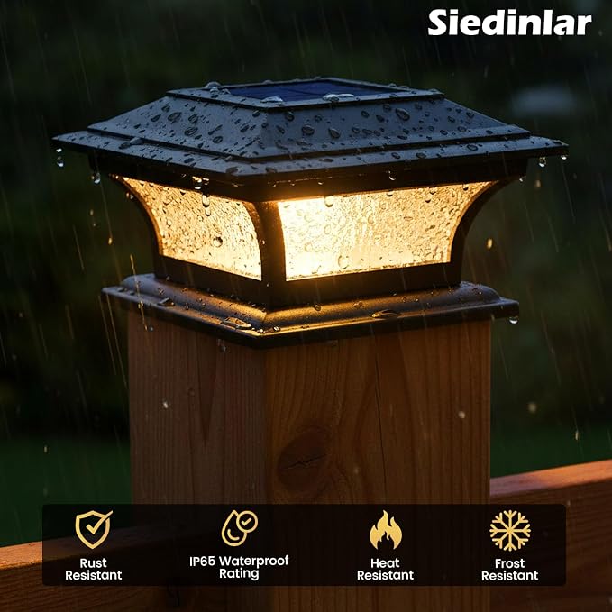 SIEDiNLAR Solar Post Lights Outdoor Glass LED Fence Cap Light 2 Modes for 4x4 5x5 6x6 Posts Deck Patio Garden Decoration Warm White/Cool White Lighting Black (2 Pack)