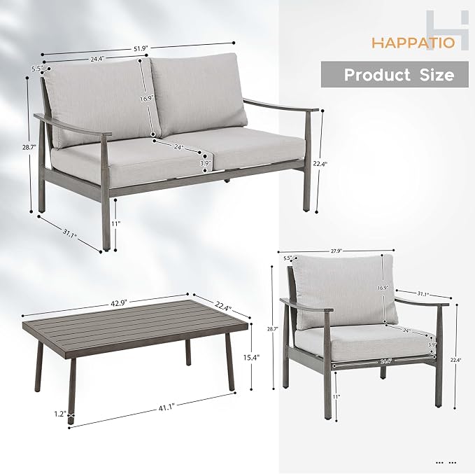 HAPPATIO Patio Outdoor Furniture Set - 4 Piece Aluminum Patio Conversation Set with 1 Coffee Table, 2 Armchairs and 1 Loveseat, Aluminum Outdoor Furniture Set for Backyard Deck Poolside (Grey)