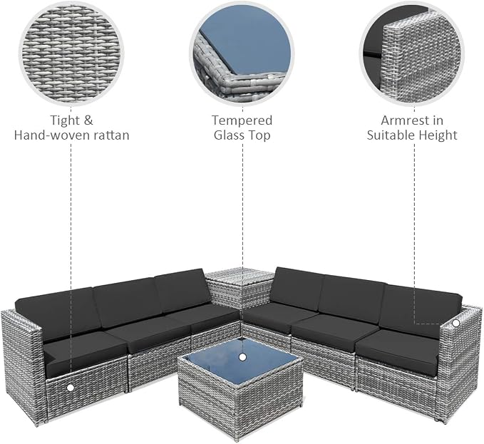 RELAX4LIFE 8-Piece Patio Furniture Set - PE Wicker Conversation Set w/Soft Cushions & Tempered Glass Storage Table, Outdoor Sectional Sofa Set for Garden, Poolside, Backyard (Black)