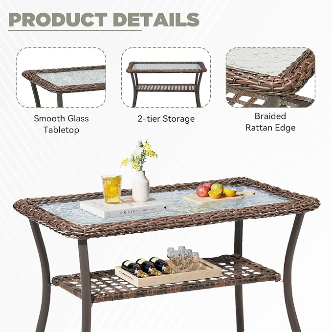 Outdoor Wicker Sofa & Coffee Table Set, 2 PCS Patio Sofa with 4" High-Resilience Cushions, Ergonomic Curved Armrests & 300lb Heavy Duty Frame for Small Spaces, Porch, Balcony, Blue