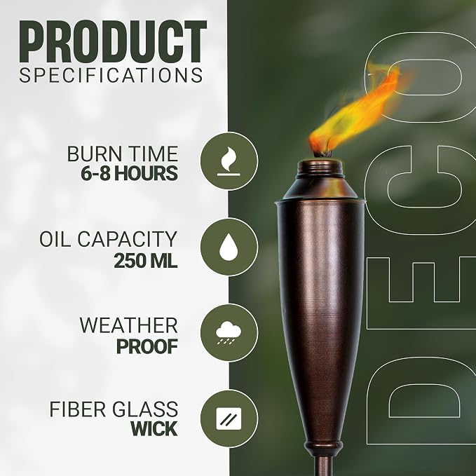 Garden Torches for Outside -Deco Home Pack of 4 Metal Garden Torches Citronella Oil for Outdoor Ambiance - Decorative and Functional Citronella Torches for Patio, Lawn, and Backyard- Bronze