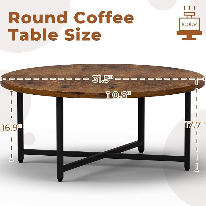 FAMIDGE Coffee Table, 31.5" Large Round Coffee Table for Living Room, Center Tables for Family & Office Use, Outdoor Coffee Table Round, Large Rustic Brown(31.5" D x 17.7" H)