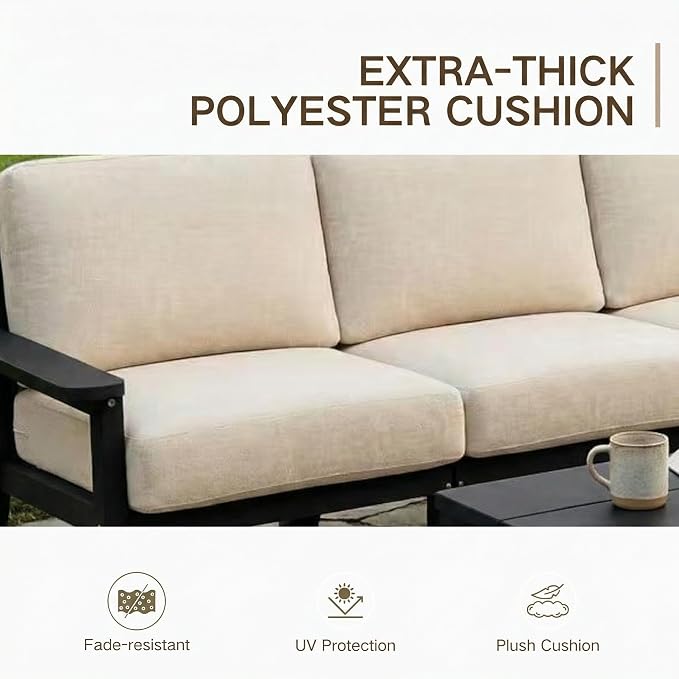 Kingdura HDPE Patio Furniture Set, 3 Piece Outdoor Sectional Sofa with Coffee Table, All Weather Outdoor Couch Conversation Set with Washable Cushions for Backyard Poolside Balcony