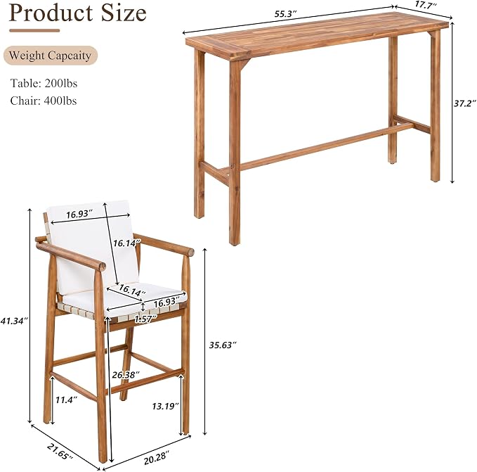3 Piece Outdoor Bar Set for 2, Acacia Wood Bar Height Table & 2 Stools with Removable Cushions, Wood Dining Bar Set with Adjustable Feet, Patio Balcony Bistro Furniture, Beige+Natural