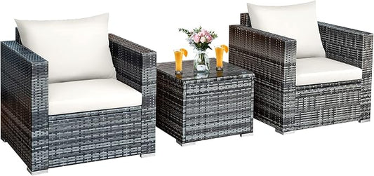 Tangkula 3 Pieces Patio Furniture Set, PE Rattan Wicker Sofa Set w/Washable Cushion and Tempered Glass Tabletop, Outdoor Conversation Furniture for Garden Poolside Balcony