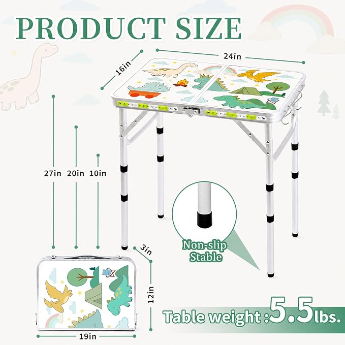 Yriuat Folding Camping Table 2ft Portable Picnic Table Adjustable Height Small Card Table Aluminum Foldable Lightweight with Carry Handle for Outdoor Indoor Hiking Camp BBQ Beach (Jurassic Camp)
