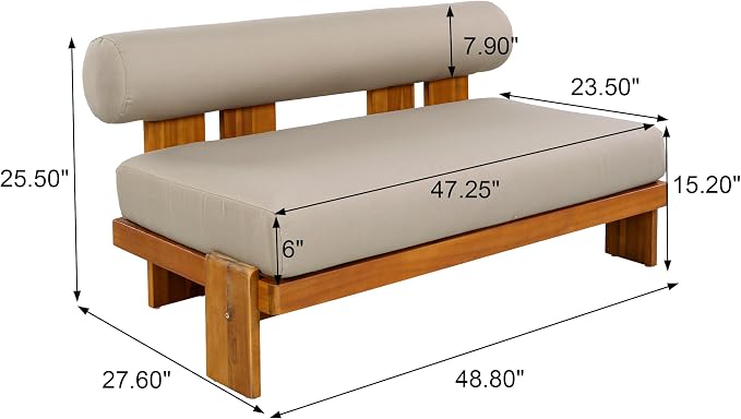 Merax 2 Piece Patio Loveseat & Coffee Table Set with Acacia Wood Frame, Waterproof Cushions & Round Backrest for Garden, Deck & Balcony, Light Brown+Teak