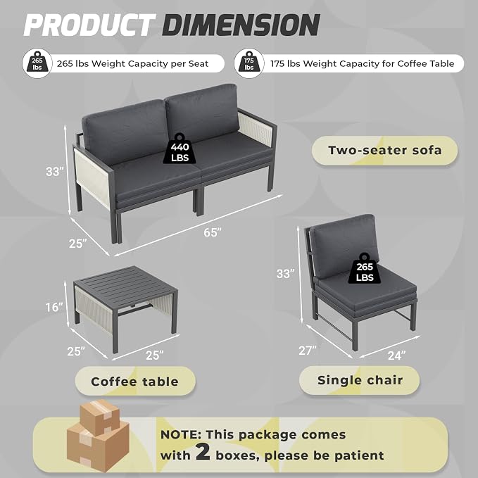 U-MAX Aluminum Patio Furniture Set 4 Seats Outdoor Sectional Couch with Coffee Central Table Patio Conversation Sets for Porch Deck (Dark Grey, with Retractable Sofa Couch and Single Sofa)