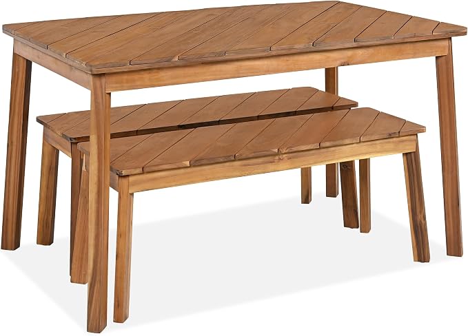 GDFStudio 3-Piece Acacia Wood Table and Bench Dining Set, Outdoor and Indoor Picnic Furniture with 2 Benches, Beer Table Set for Patio, Porch, Garden, Poolside, Natural Finish