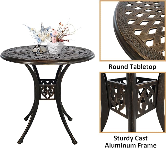 30.31" Cast Aluminum Outdoor Dining Table, Patio Bistro Table with 2.36" Umbrella Hole, Metal Conversation Furniture for Garden Porch