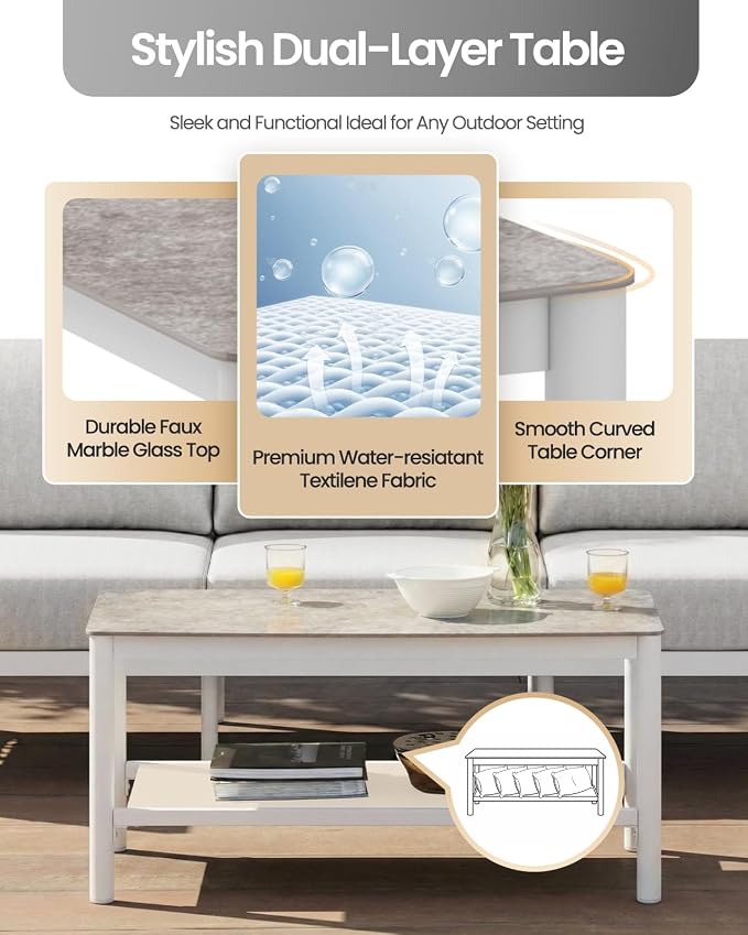 Aluminum Patio Furniture Set, 7 Seats Modern Outdoor Sectional Furniture with PE Rope & Dual-Layer Coffee Table, Luxury Patio Conversation Sets with 6" Cushions for Backyard/Garden, White